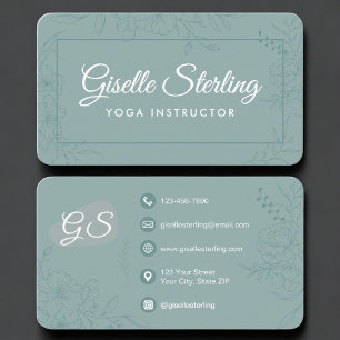 Yoga Instructor Green Teal Floral Business Card