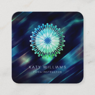 Yoga Instructor Lotus Flower Watercolor Blue Beach Square Business Card