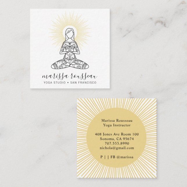 Yoga Instructor Lotus Pose Gold Sun Rays Square Business Card (Front/Back)