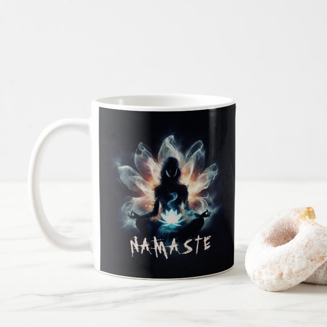Yoga Instructor Meditation Pose Glowing Mist Lotus Coffee Mug (With Donut)