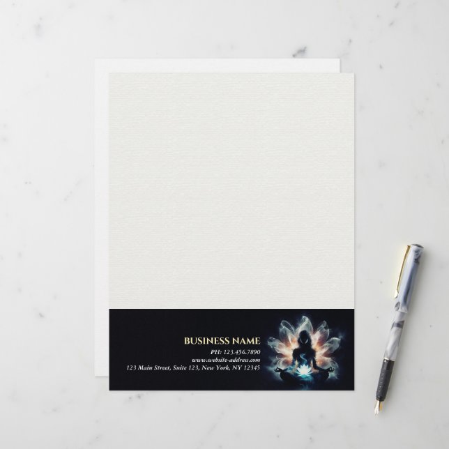 Yoga Instructor Meditation Pose Glowing Mist Lotus Custom Letterhead (Front/Back In Situ)