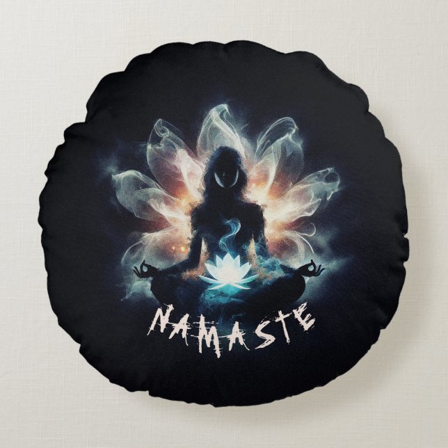 Yoga Instructor Meditation Pose Glowing Mist Lotus Round Cushion (Front)