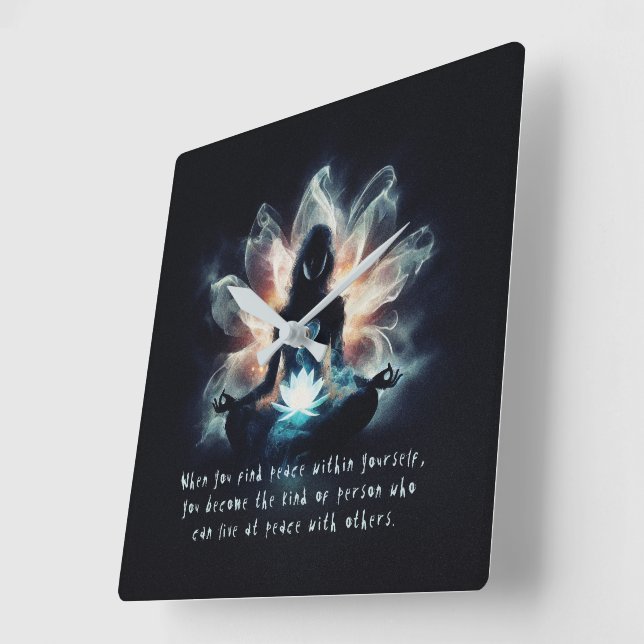 Yoga Instructor Meditation Pose Glowing Mist Lotus Square Wall Clock (Angle)