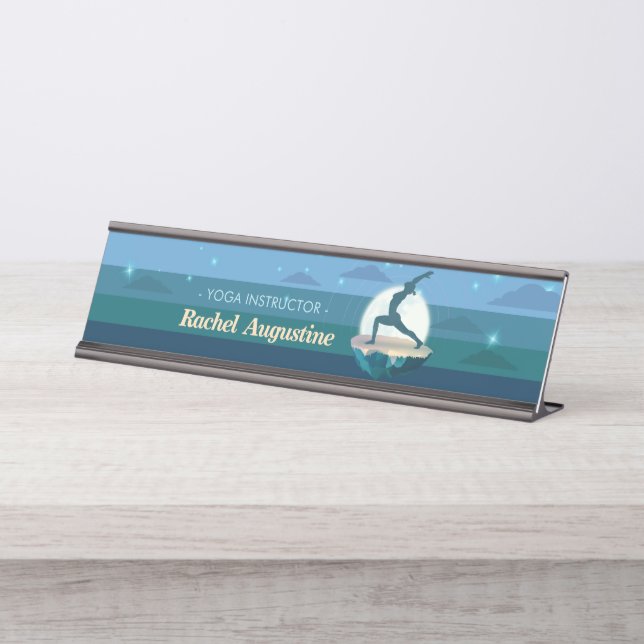Yoga Instructor Meditation Pose Moon Flying Island Desk Name Plate (Front)