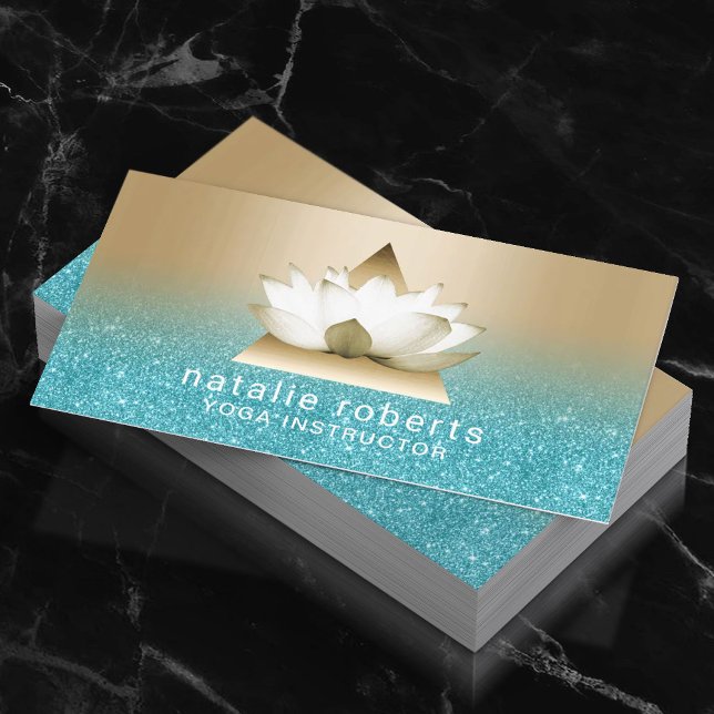 Yoga Instructor Modern Gold Lotus Teal Glitter Business Card (Creator Uploaded)