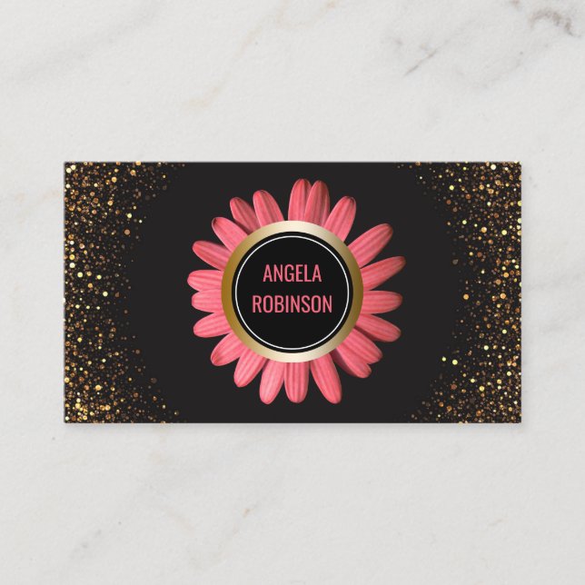 Yoga Instructor | Pink Daisy Gold Glitter Black Business Card (Front)