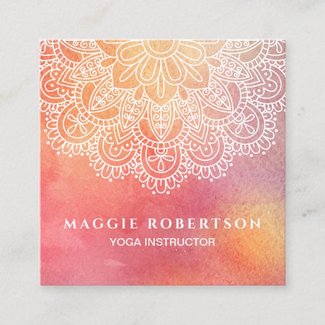 Yoga Instructor Pink Watercolor Mandala Square Business Card (Front)