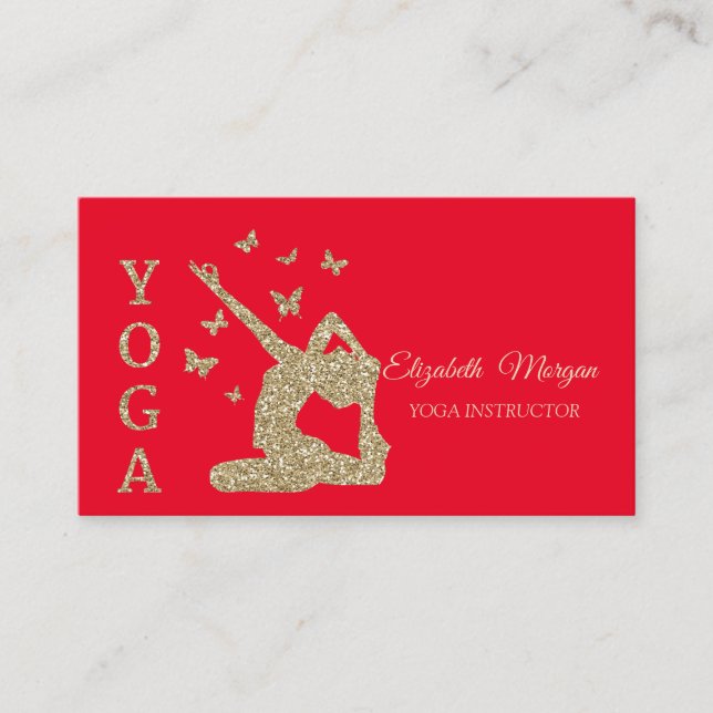 Yoga Instructor,Red, Gold Glitter Women Silhouette Business Card (Front)
