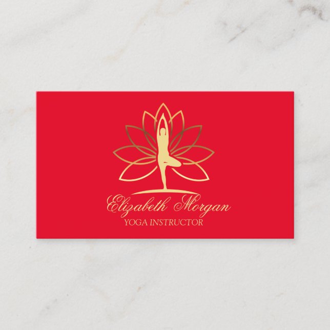 Yoga Instructor,Red, Gold Women Silhouette Lotus Business Card (Front)