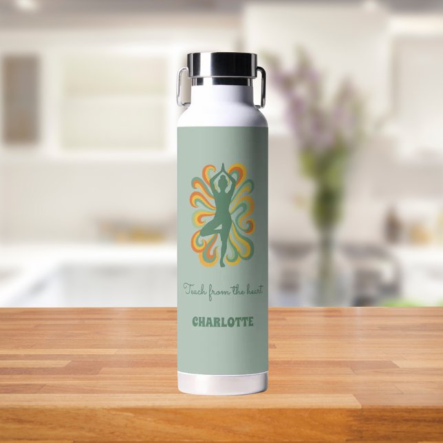 Yoga instructor retro swirls name quote sage green water bottle (Creator Uploaded)