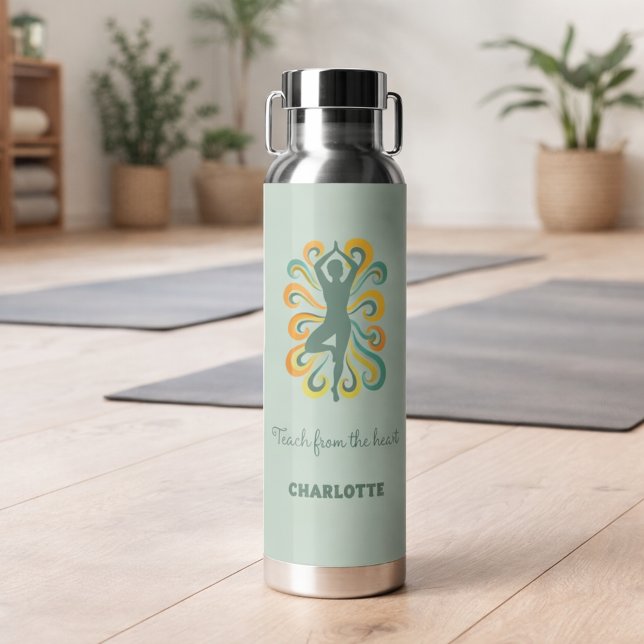 Yoga instructor retro swirls name quote sage green water bottle (Creator Uploaded)