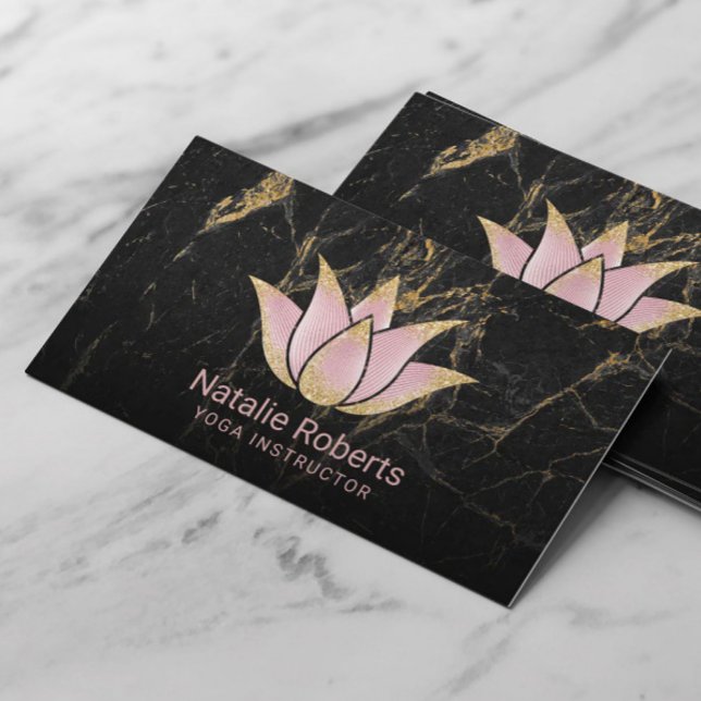 Yoga Instructor Rose Gold Lotus Black Marble Business Card (Creator Uploaded)