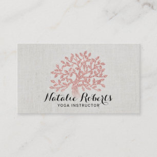 Yoga Instructor Rose Gold Tree Elegant Linen Business Card