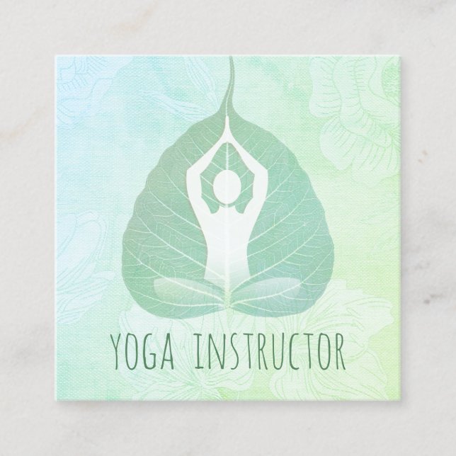 Yoga Instructor Studio Meditation Pose Bodhi Leaf  Square Business Card (Front)