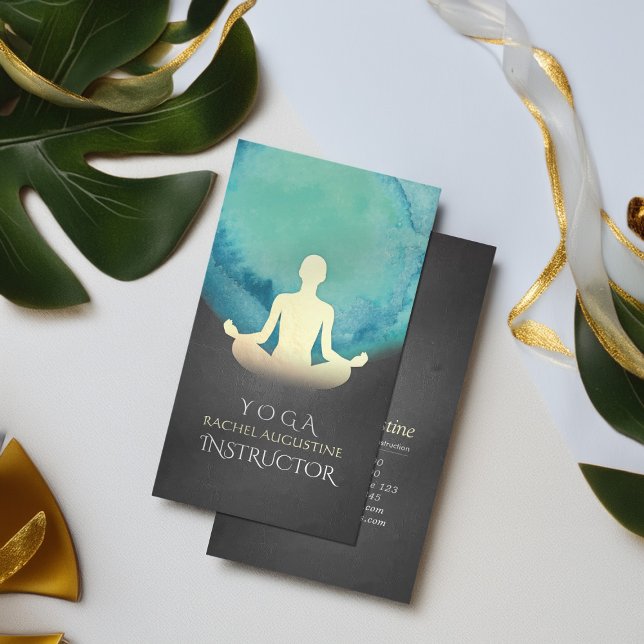 Yoga Instructor Teal Black Gold Meditation Posture Business Card (Creator Uploaded)