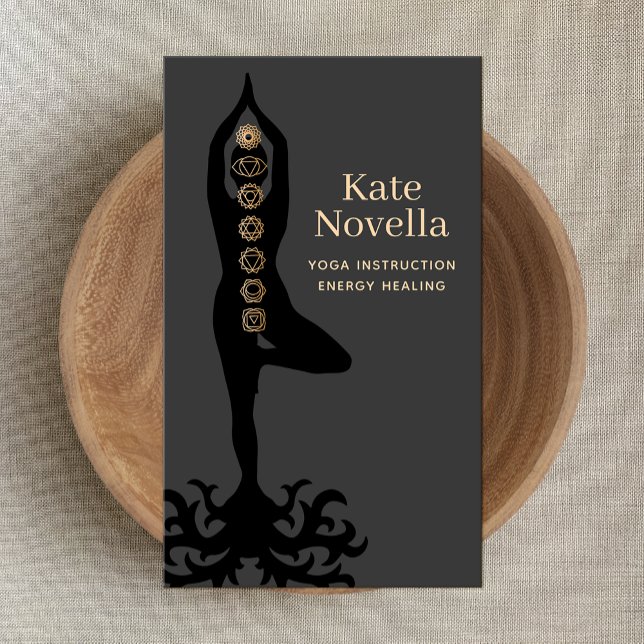 Yoga Instructor , Tree Pose , Gold Chakras Black Business Card (Creator Uploaded)