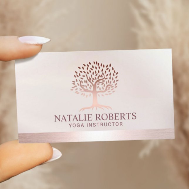 Yoga Instructor Tree Spa Elegant Rose Gold Border Business Card (Creator Uploaded)