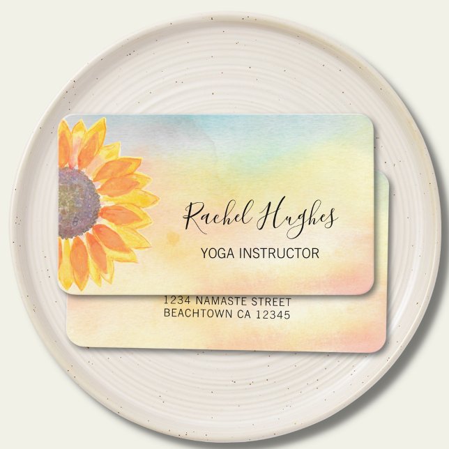 Yoga Instructor Watercolor Sunflower Business Card (Creator Uploaded)