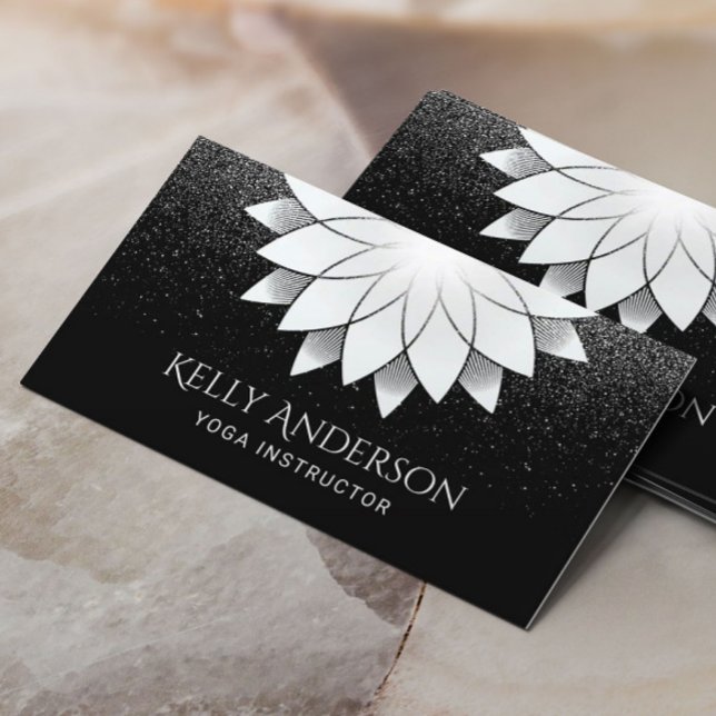 Yoga Instructor White Lotus Mandala Black Glitter Business Card (Creator Uploaded)