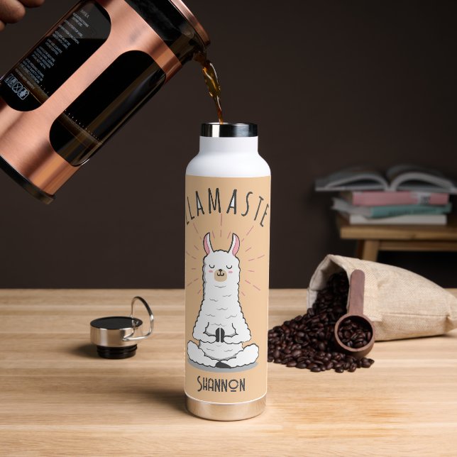 Yoga Llama - Llamaste Pun Monogram Name Water Bottle (Coffee)