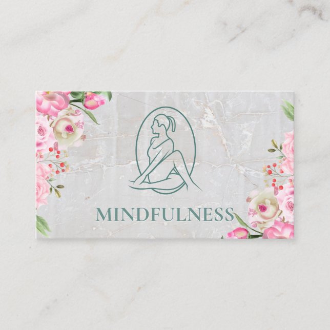 Yoga Logo | Marble Pink Flowers Business Card (Front)