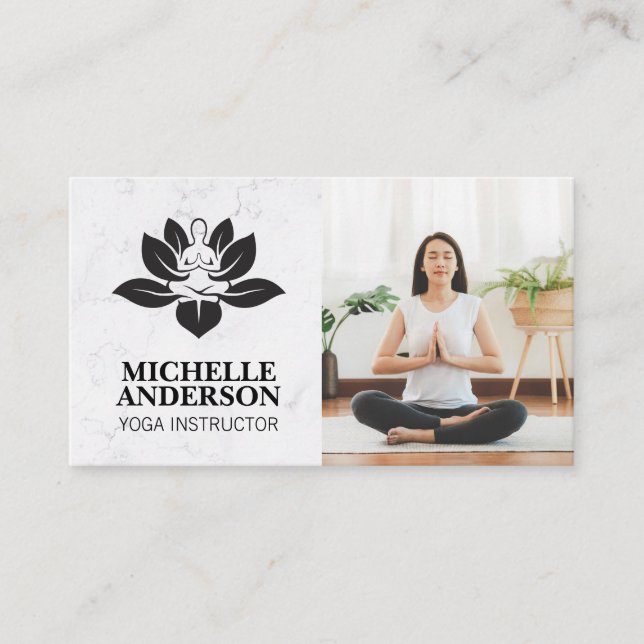 Yoga Logo | Woman Sitting Meditating | Marble Business Card (Front)