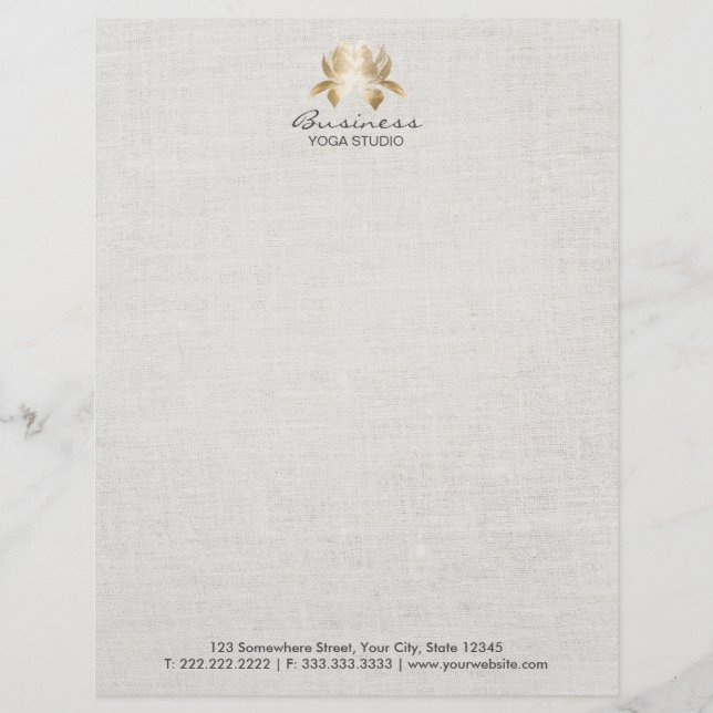Yoga & Meditation Elegant Gold Lotus Faux Linen Custom Letterhead (Front)