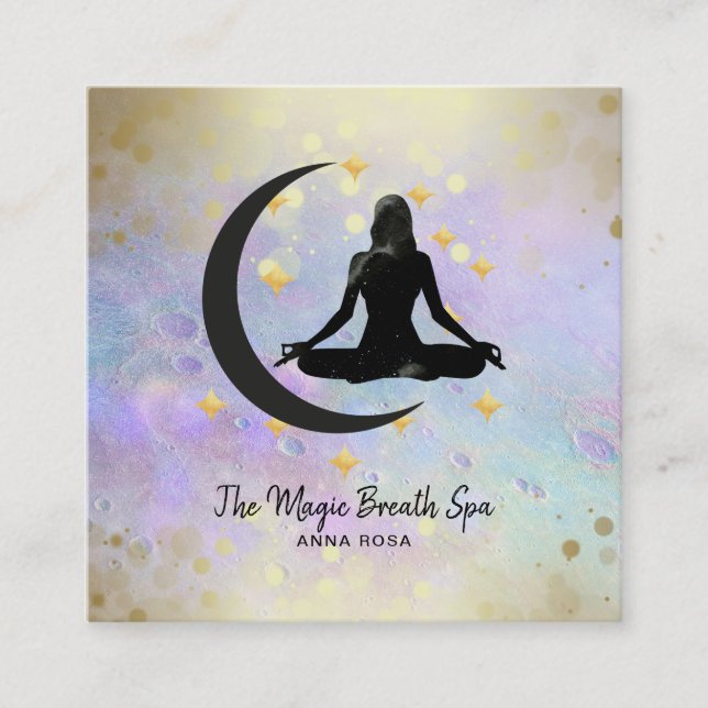 *~* Yoga Meditation Gold Woman +  Moon Mindfulness Square Business Card (Front)