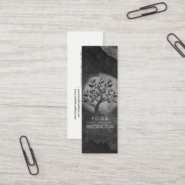Yoga Meditation Instructor Black & White Tree Logo Mini Business Card (Front/Back In Situ)