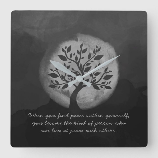 Yoga Meditation Instructor Black White Tree Quote Square Wall Clock (Front)