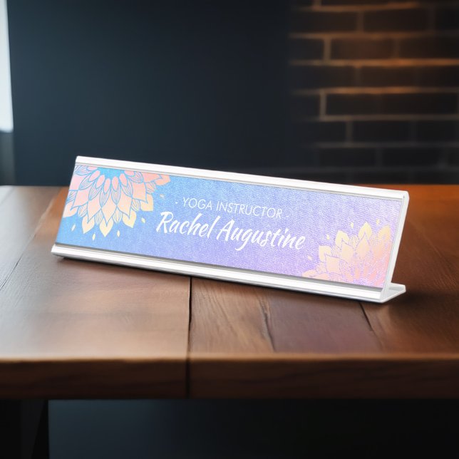 Yoga Meditation Instructor Blue Rose Gold Mandala Desk Name Plate (Creator Uploaded)