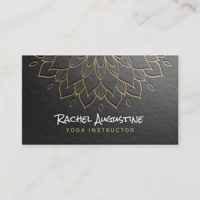 YOGA Meditation Instructor Chic Black Gold Mandala Business Card (Front)