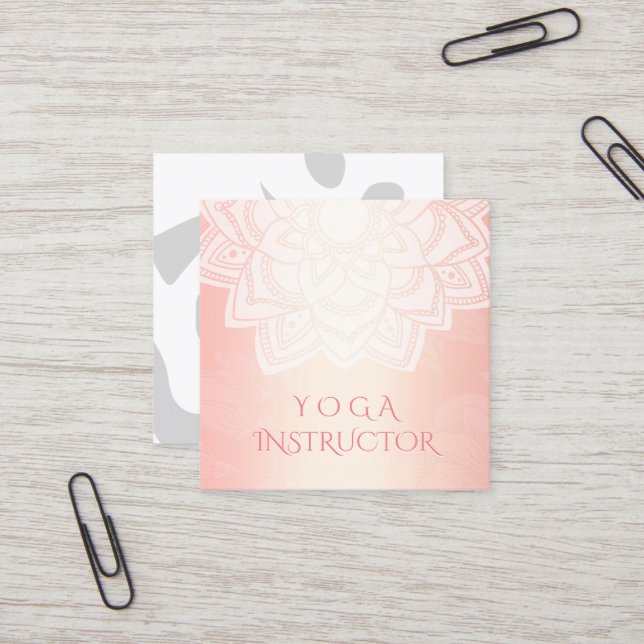 YOGA Meditation Instructor Chic Rose Gold Mandala Square Business Card (Front/Back In Situ)