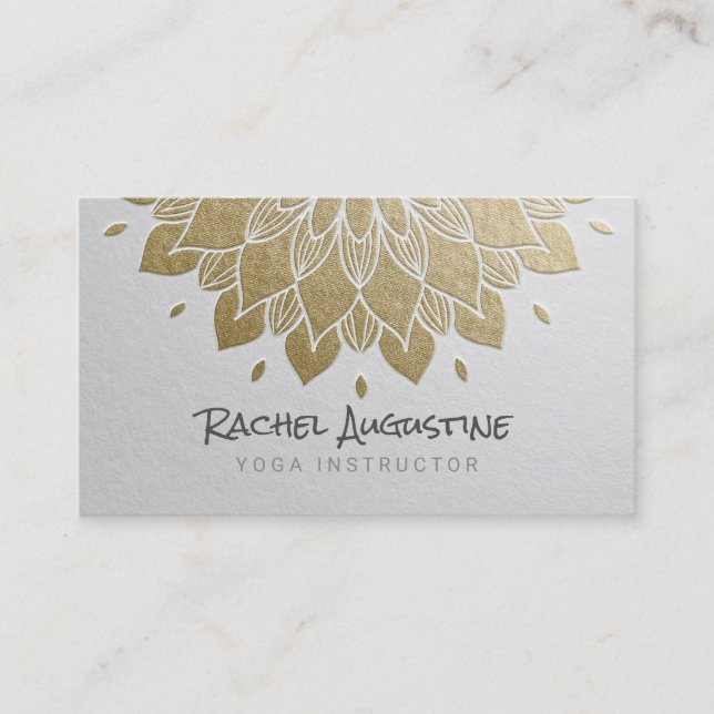 YOGA Meditation Instructor Chic White Gold Mandala Business Card (Front)