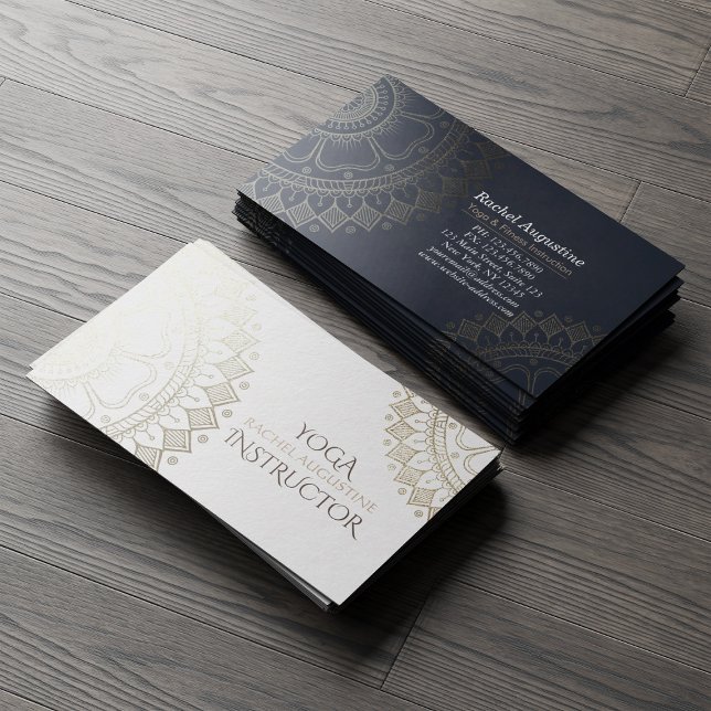 Yoga Meditation Instructor Gold Mandala Navy Blue Business Card (Creator Uploaded)