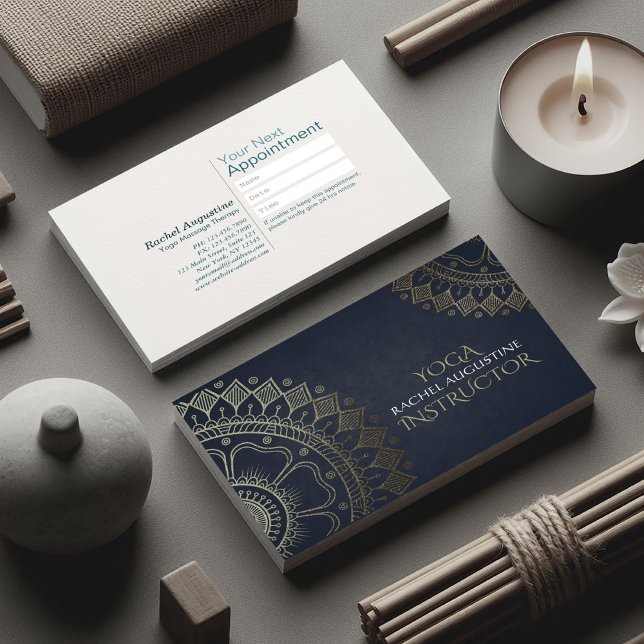 Yoga Meditation Instructor Gold Mandala Navy Blue Business Card (Creator Uploaded)