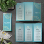 Yoga Meditation Instructor Gold Mandala Tri-Fold<br><div class="desc">Yoga Fitness Studio / Meditation Instructor / Personal Trainer / Life Coach / Healer / Reiki Master / Massage Therapy Tri-Fold Brochures Template - 
Modern Chic Faux Gold Foil Floral Mandala Symbols on Crystal Blue / Teal Green Blue Colour Background.</div>