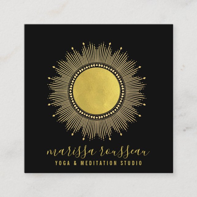 Yoga Meditation Instructor Gold Sun Mandala Square Business Card (Front)