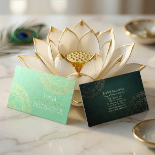 Yoga Meditation Instructor Green Gold Foil Mandala Business Card