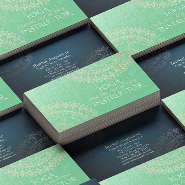 Yoga Meditation Instructor Green Gold Foil Mandala Business Card (Creator Uploaded)