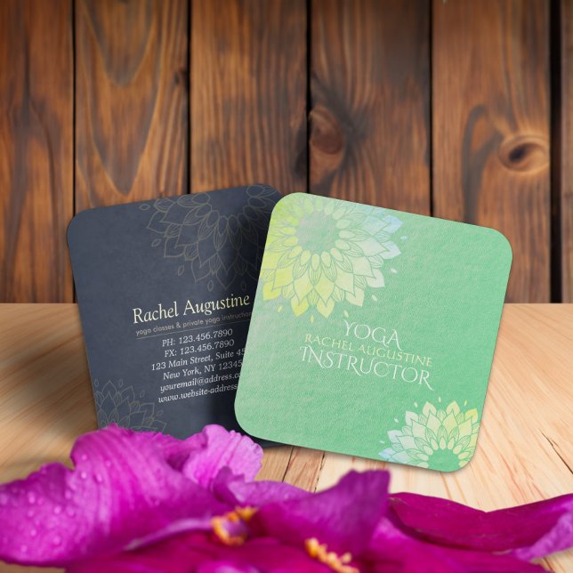 Yoga Meditation Instructor Green Gold Foil Mandala Square Business Card (Creator Uploaded)