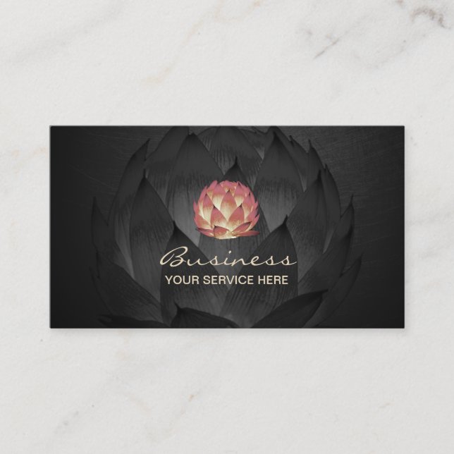 Yoga & Meditation Lotus Logo Elegant Black Floral Business Card (Front)