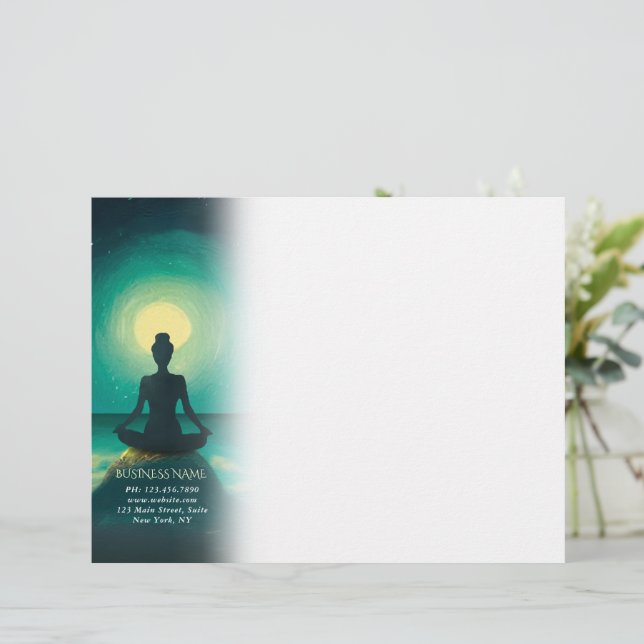 Yoga Meditation Pose on Rock Full Moon Stars Night Custom Letterhead (Standing Front)