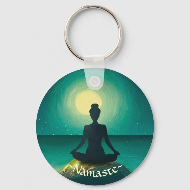 Yoga Meditation Pose on Rock Full Moon Stars Night Key Ring (Front)