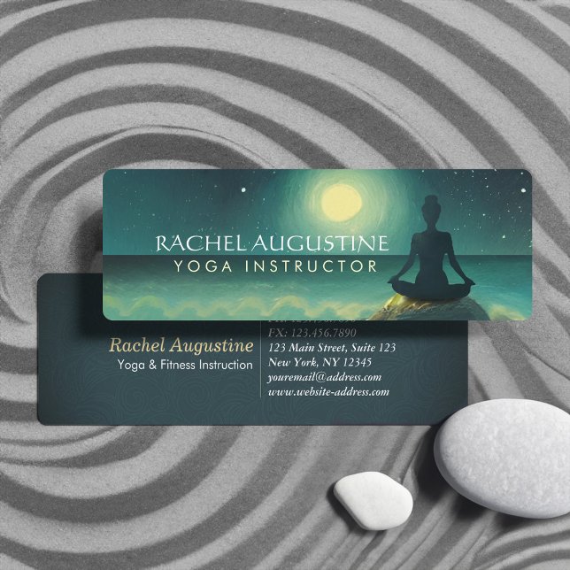 Yoga Meditation Pose on Rock Full Moon Stars Night Mini Business Card (Creator Uploaded)