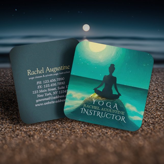 Yoga Meditation Pose on Rock Full Moon Stars Night Square Business Card (Creator Uploaded)