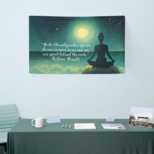 Yoga Meditation Pose on Rock Moon Star Ocean Quote Banner