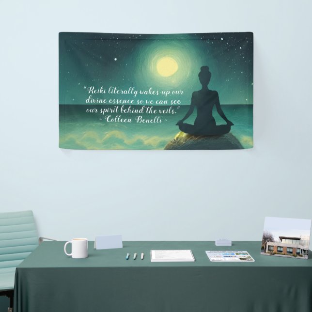 Yoga Meditation Pose on Rock Moon Star Ocean Quote Banner (Tradeshow)