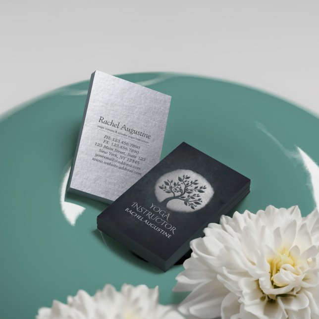 Yoga Meditation Reiki Instructor Black Silver Tree Business Card (Creator Uploaded)