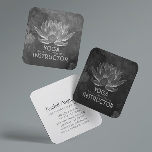 YOGA Meditation Reiki Instructor Black White Lotus Square Business Card (Creator Uploaded)
